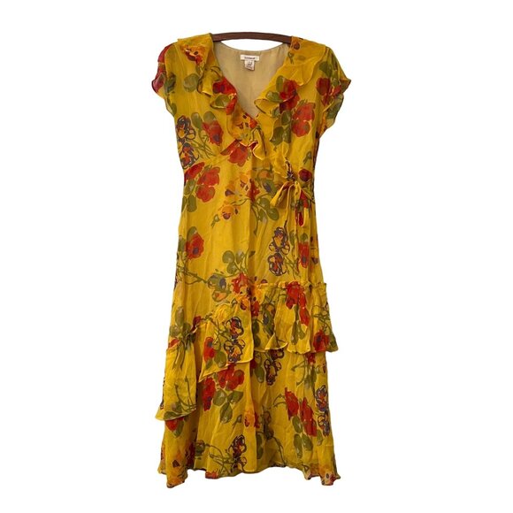 Sundance Womens Golden Yellow Floral Faux Wrap Ruffle Silk Dress Size Petite 2 - Picture 2 of 6